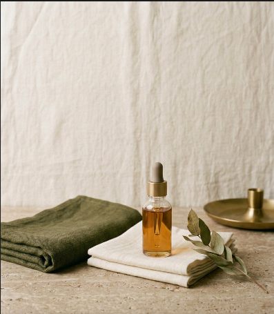 Glass dropper bottle on folded linen beside a brass candle holder