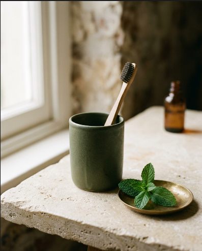 Wooden toothbrush in a ceramic tumbler beside a sprig of mint