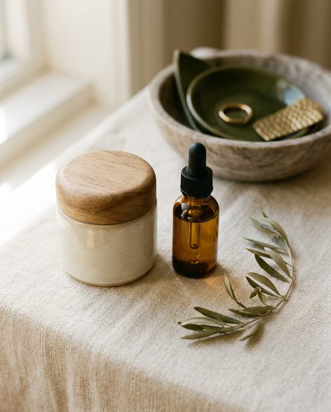 Ceramic cream jar and glass dropper bottle styled with an olive branch